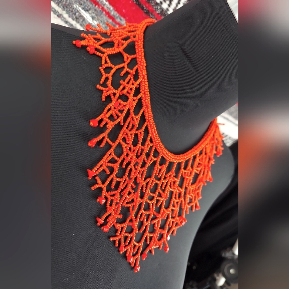 Coral seed bead statement necklace with coral chips on ends